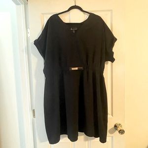 Black Midi Dress with Gold Plate at Waist, Rolled Short Sleeves